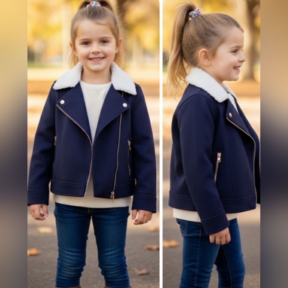 J.Crew Crewcuts Wool Blend Moto Jacket Navy Gold Hardware Sherpa Fur Collar 6-7 - Picture 2 of 16